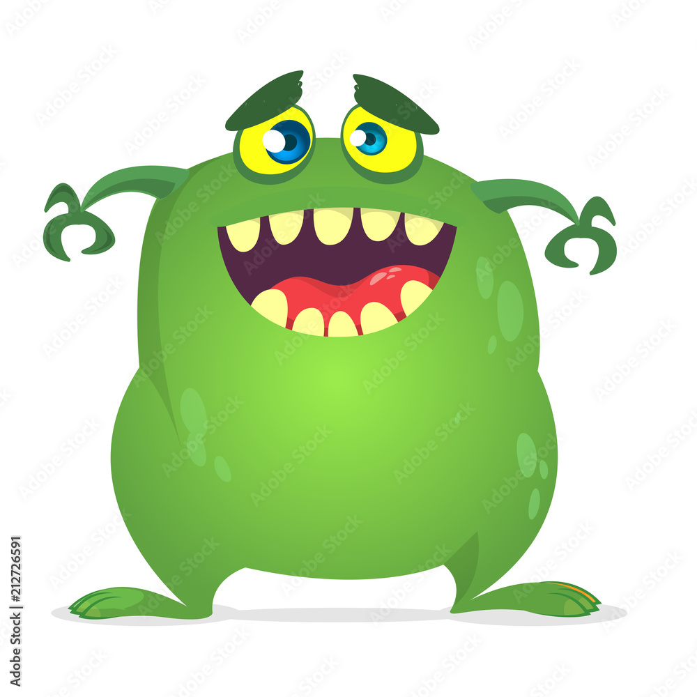 Fototapeta premium Happy cartoon funny monster. Halloween vector orange and horned monster. 