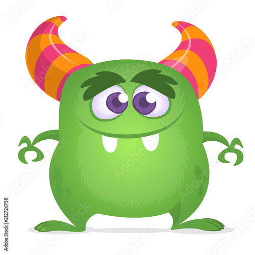 Funny cartoon monster. Vector green horned monster illustration. Halloween design