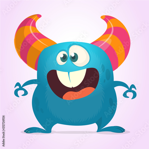 Funny cartoon monster with big teeth. Vector blue monster illustration with hands up. Halloween design