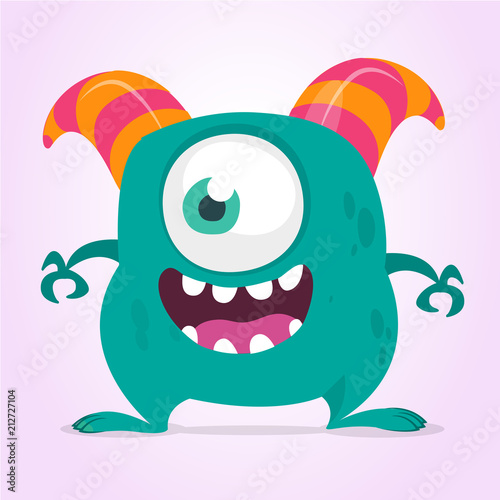 Funny cartoon monster with one eye. Vector blue one-eyed monster illustration. Halloween design
