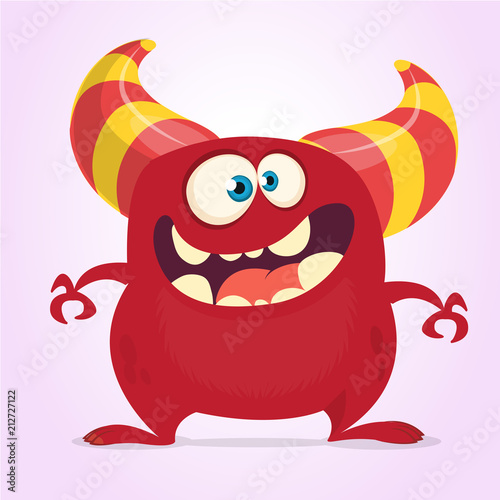 Cool cartoon monster with horns and big mouth. Vector red monster illustration. Halloween character design