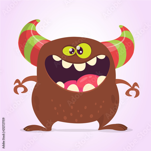 Cool cartoon monster with horns laughing. Vector brown monster character. Characters for Halloween party decoration