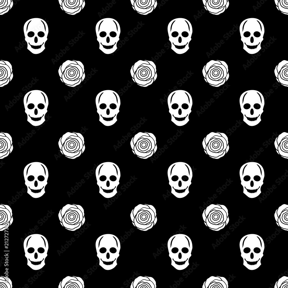 Seamless pattern with white skulls and roses on the black background. Seamless pattern with white skulls and roses on the black background.