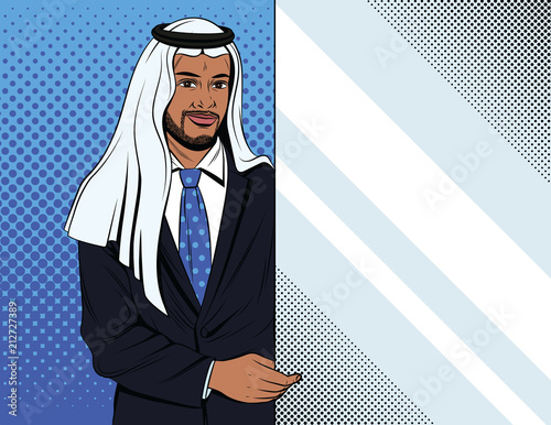 Vector colorful comic style illustration of a businessman pointing at a white screen. Handsome arabian man wearing traditional clothes. Office worker from Saudi standing with white banner