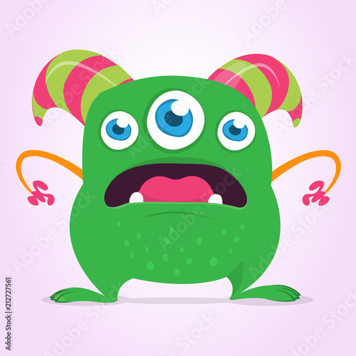 Cool cartoon monster with three eyes. Vector green monster illustration. Halloween design
