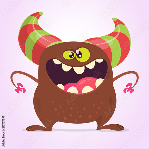Green funny happy cartoon monster. Green vector alien character. Halloween design