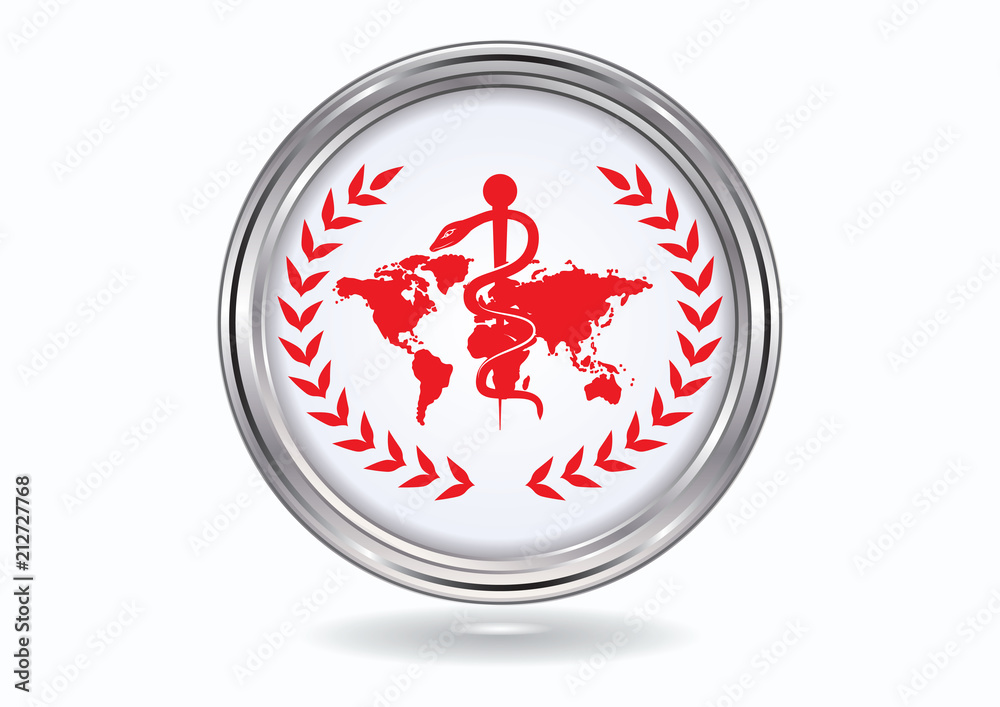 Health service - Icon, round, silver metal, isolated on white background - World map, Staff and snake - Flat style - vector Health service - Icon, round, silver metal, isolated on white background - World map, Staff and snake - Flat style - vector