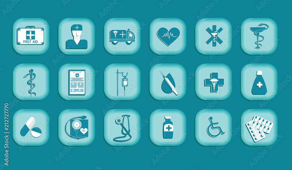 Medicine Concept Set of symbols in a square frame - turquoise background - art vector Medicine Concept Set of symbols in a square frame - turquoise background - art vector