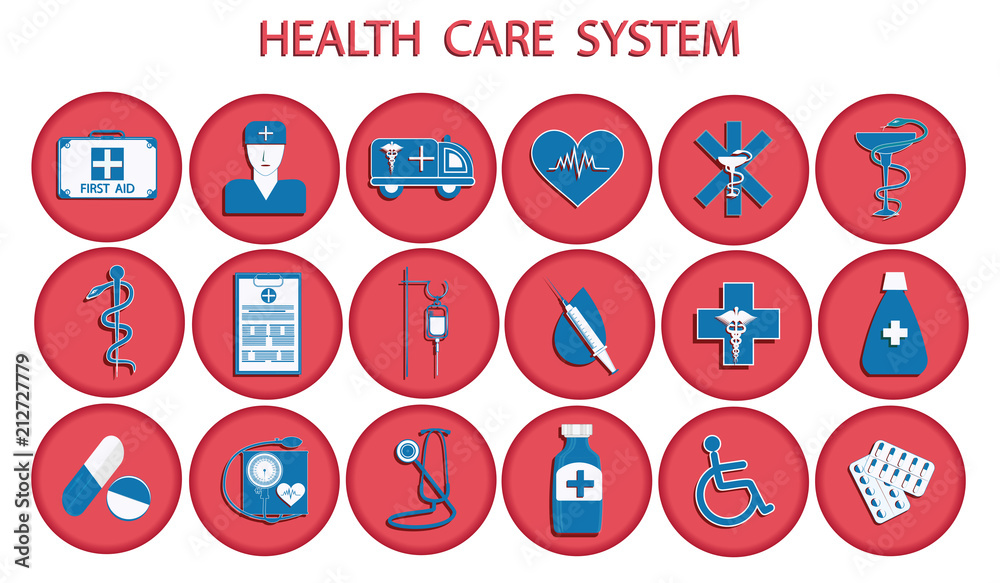 Set of healthcare icons - medical care, first aid - color, round shape, isolated on white background - flat style - art vector Set of healthcare icons - medical care, first aid - color, round shape, isolated on white background - flat style - art vector