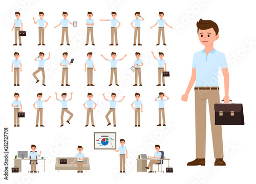 Business man in casual office look cartoon character set. Vector illustration of office person in different poses