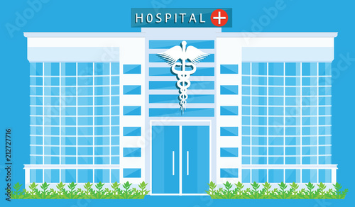 Medical Hospital - building with a Caduceus symbol, green lawn - isolated on a blue background - flat style - art vector.