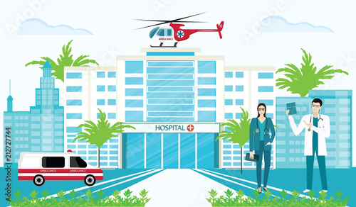 Hospital, doctors, auto and helicopter emergency ambulance, cityscape - art vector