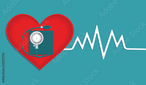Red heart, a chart and a blood pressure tonometer - isolated - vector