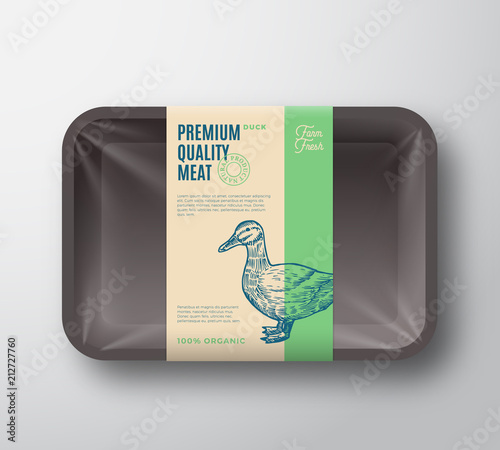 Premium Quality Duck Pack. Abstract Vector Poultry Plastic Tray Container with Cellophane Cover. Packaging Design Label. Modern Typography and Hand Drawn Duck Silhouette Background Layout.