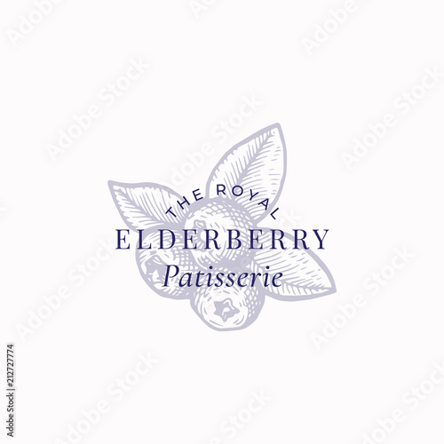The Royal Elderberry Patisserie Abstract Vector Sign, Symbol or Logo Template. Three Berries with Leafs Sketch Sillhouette with Elegant Retro Typography. Vintage Luxury Emblem.