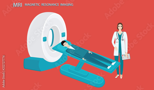 MRI scan of the brain and diagnosis in the treatment room. Doctor and patient. - flat style - vector