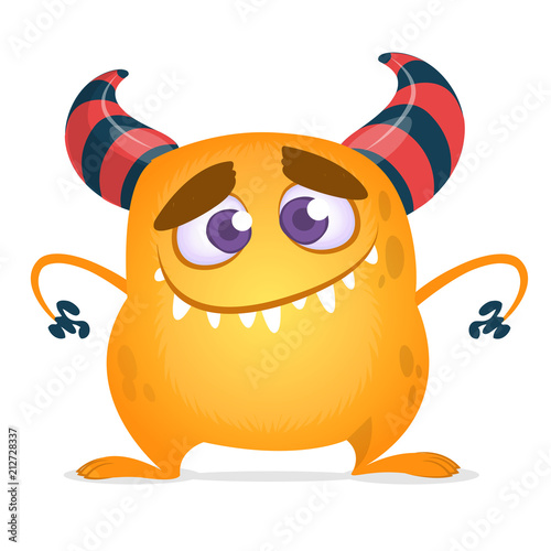 Happy cute cartoon monster with big mouth. Vector orange monster illustration. Halloween design