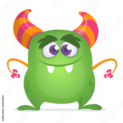 Cartoon green horned monster. Vector illustration isolated