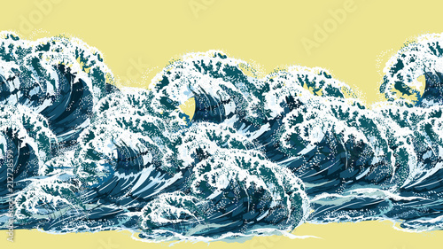 Sea wave horizontal seamless pattern in oriental vintage ukiyo-e style, realistic vector illustration on yellow background, ready for parallax effect.