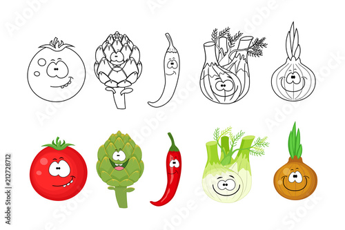 Cartoon vegetables  set. Coloring book pages for kids. Tomato, a