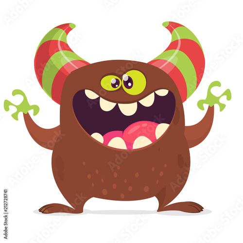 Cool cartoon monster with horns laughing. Vector brown monster character. Characters for Halloween party decoration