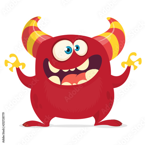Cool cartoon monster with horns and big mouth. Vector red monster illustration. Halloween character design