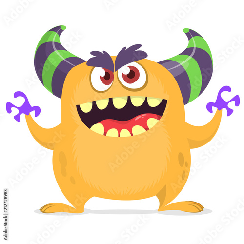 Cute cartoon monster. Vector illustration of troll or gremlin. Funny cartoon monster with big smile waving hands. Vector purple monster illustration. Halloween design