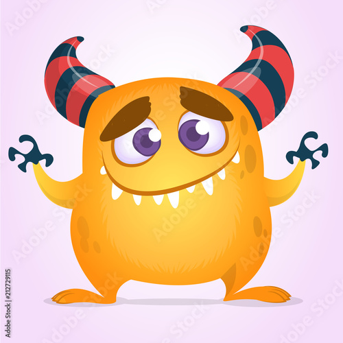 Happy cute cartoon monster with big mouth. Vector orange monster illustration. Halloween character design isolated