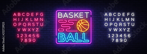 Basketball Night Neon Logo Vector. Basketball neon sign, design template, modern trend design, sports neon signboard, night bright advertising, light banner, light art. Vector. Editing text neon sign