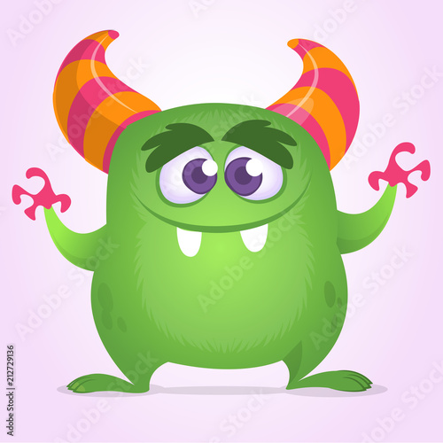 Happy cartoon monster with big mouth full of teeth. Vector green monster illustration. Halloween character design