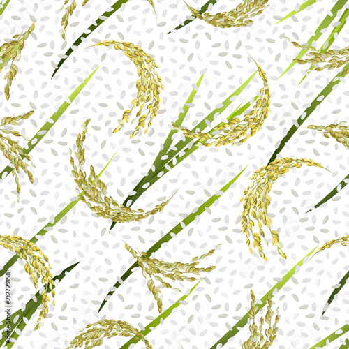 Seamless vector pattern with rice grain and panicles on white background.