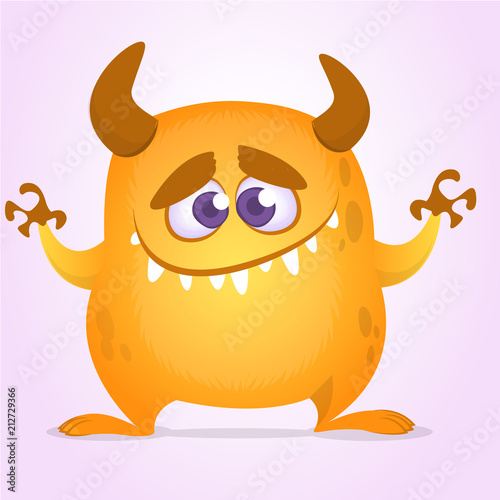 Happy cute cartoon monster with horns. Vector orange monster illustration. Halloween character. Design for decoration, print or sticker