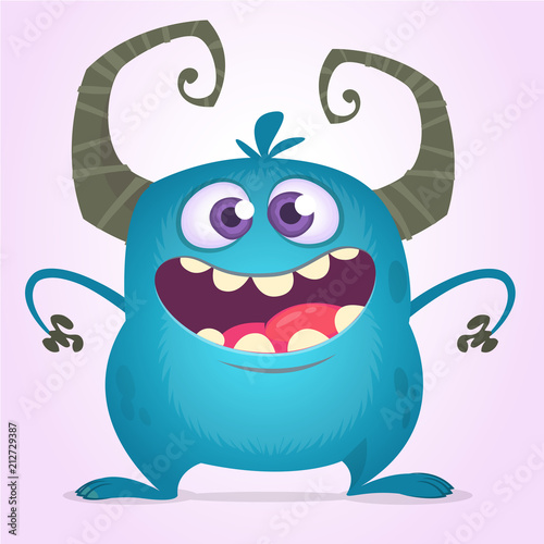 Funny cartoon monster with big mouth. Vector blue monster illustration. Halloween design
