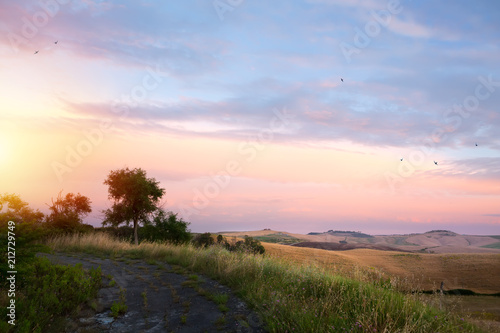 Scenic view of the Tuscany; rolling hills and old road against sunset sky background