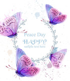 Butterflies watercolor card Vector. Peace Day delicate wreath background