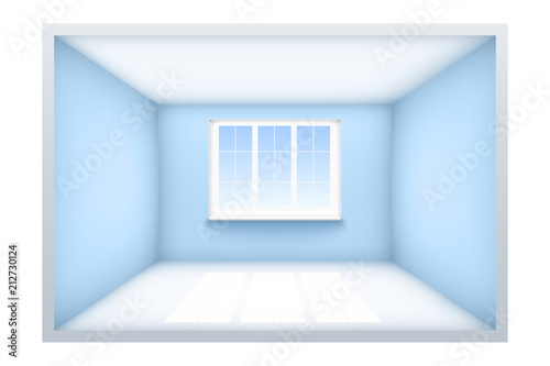 Example of an empty room with blue walls and a window. Simple interior without furnish and furniture. Sunlight falls from the window to the floor. Vector Illustration
