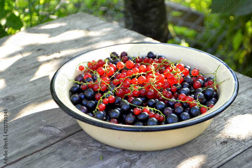 Red and black currant in a plate on wooden background Red and black currant in a plate on wooden background