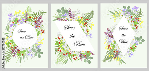 Set of templates for wedding invitation cards  floral design with copy space  vector illustrations.
