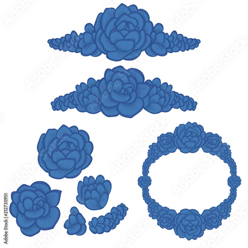 Blue succulents. Hand drawn vector illustration - Succulent elements design elements, arranged in different shapes. Suitable for logo design, stationery, wedding cards...
