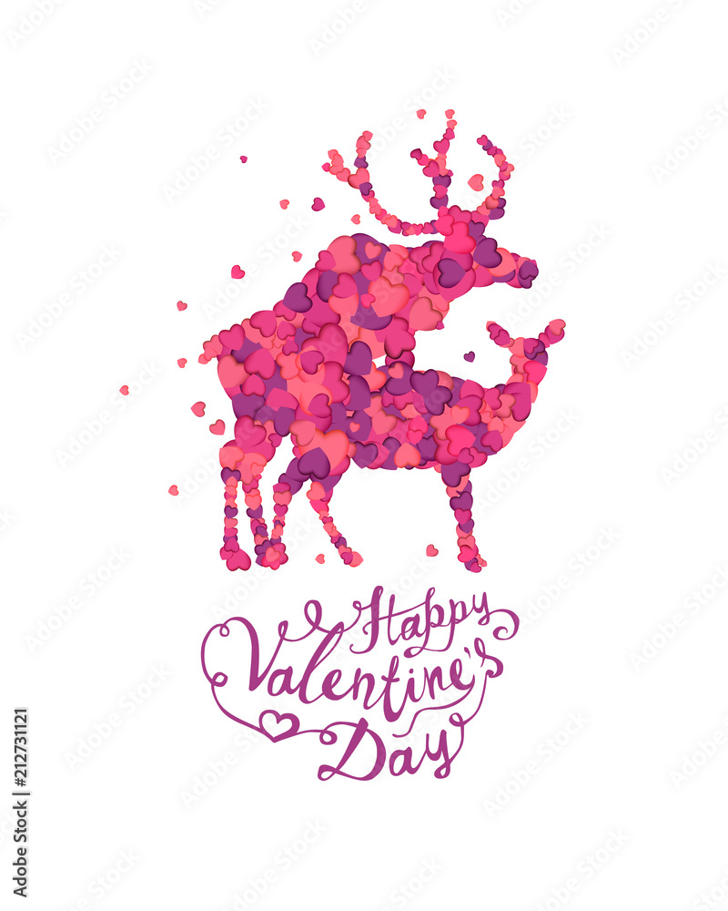 Happy Valentines Day card. Mating deers silhouette of pink hearts