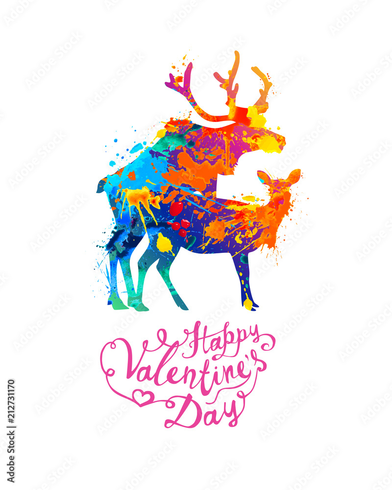 Obraz Happy Valentines Day card. Mating deers silhouette