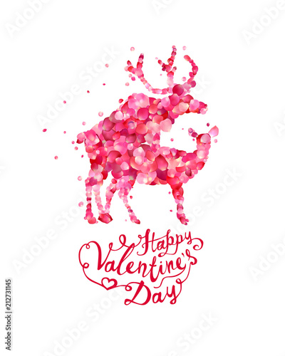 Happy Valentines Day. mating deers silhouette of pink rose petals