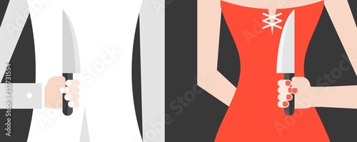 Backstabbing white suit man and red dress woman,hiding hand which carrying knife, flat design