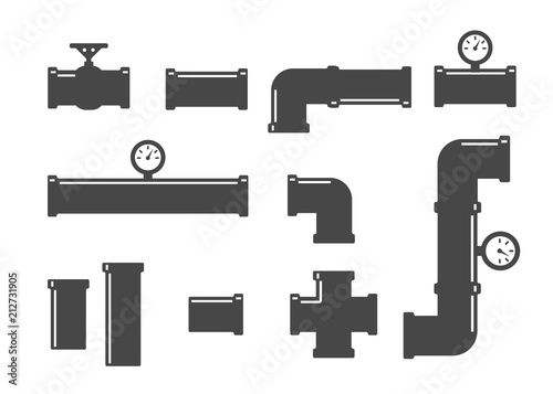 Pipe fittings vector icons set. Tube industry, construction pipeline, drain system. Pipeline water vector