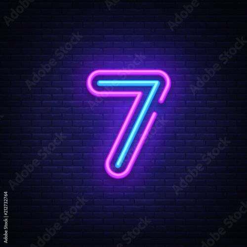 Number seven symbol neon sign vector. Seventh, Number seven template neon icon, light banner, neon signboard, nightly bright advertising, light inscription. Vector illustration