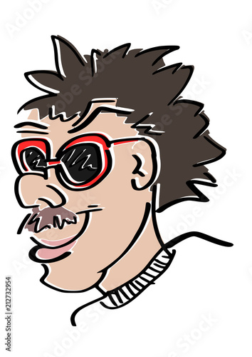 Coole man met snor en rode zonnebril