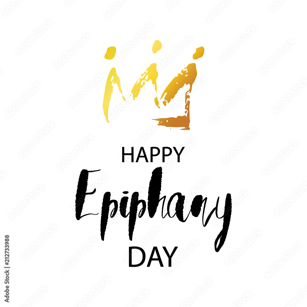Happy Epiphany day greeting card with hand drawn golden crown and realistic stars. Happy Epiphany day greeting card with hand drawn golden crown and realistic stars.