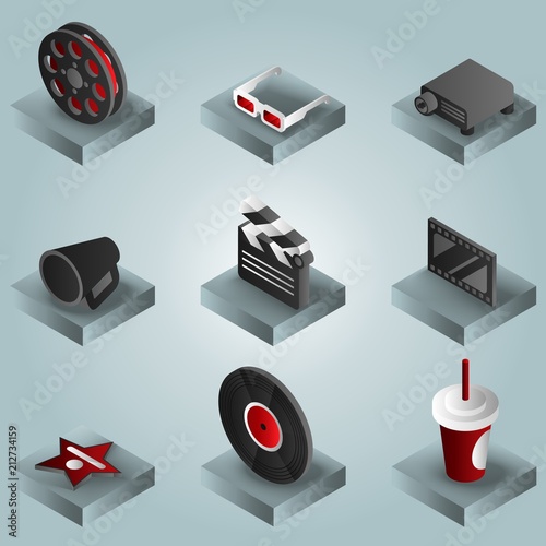 Cinema color gradient isometric icons set