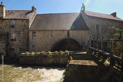 Water mill and Aure River in the old city in Bayeux. Calvados department of Normandy, France