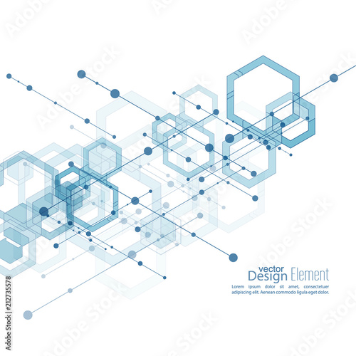 Virtual abstract background with particle, molecule structure with transparent cubes, hexagons carcass. genetic and chemical compounds. Science and connection concept. Social network. vector